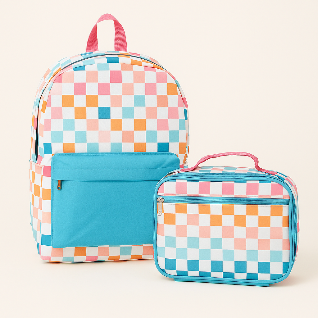 Color Pop Checkerboard Backpack & Lunchbox Set – Waterproof & Budget Friendly