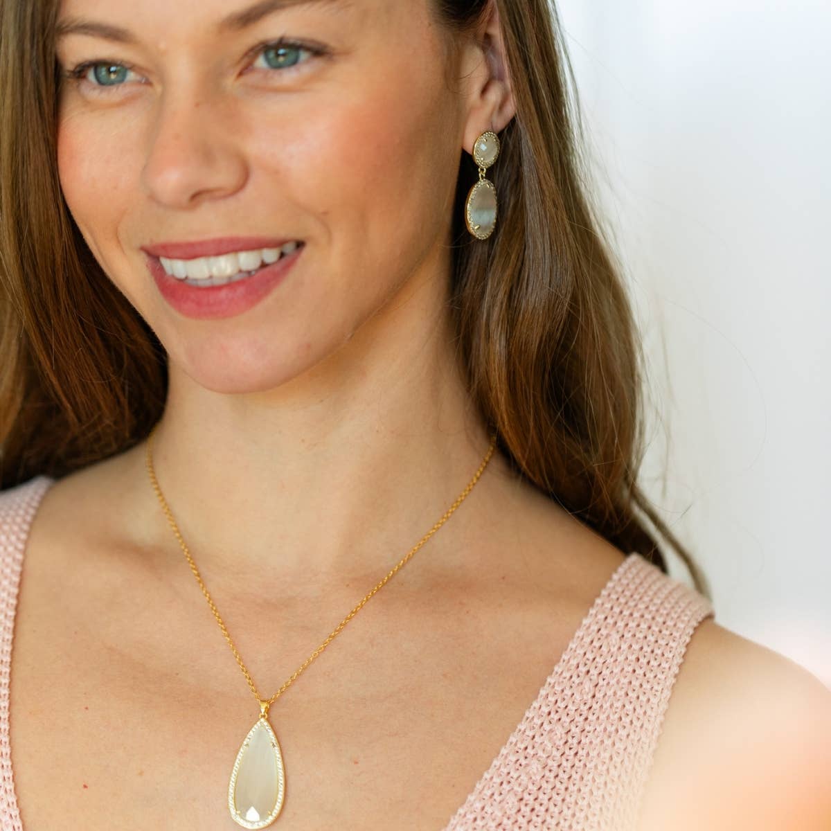 Piper, Long Shimmer Stone Pendant Necklace