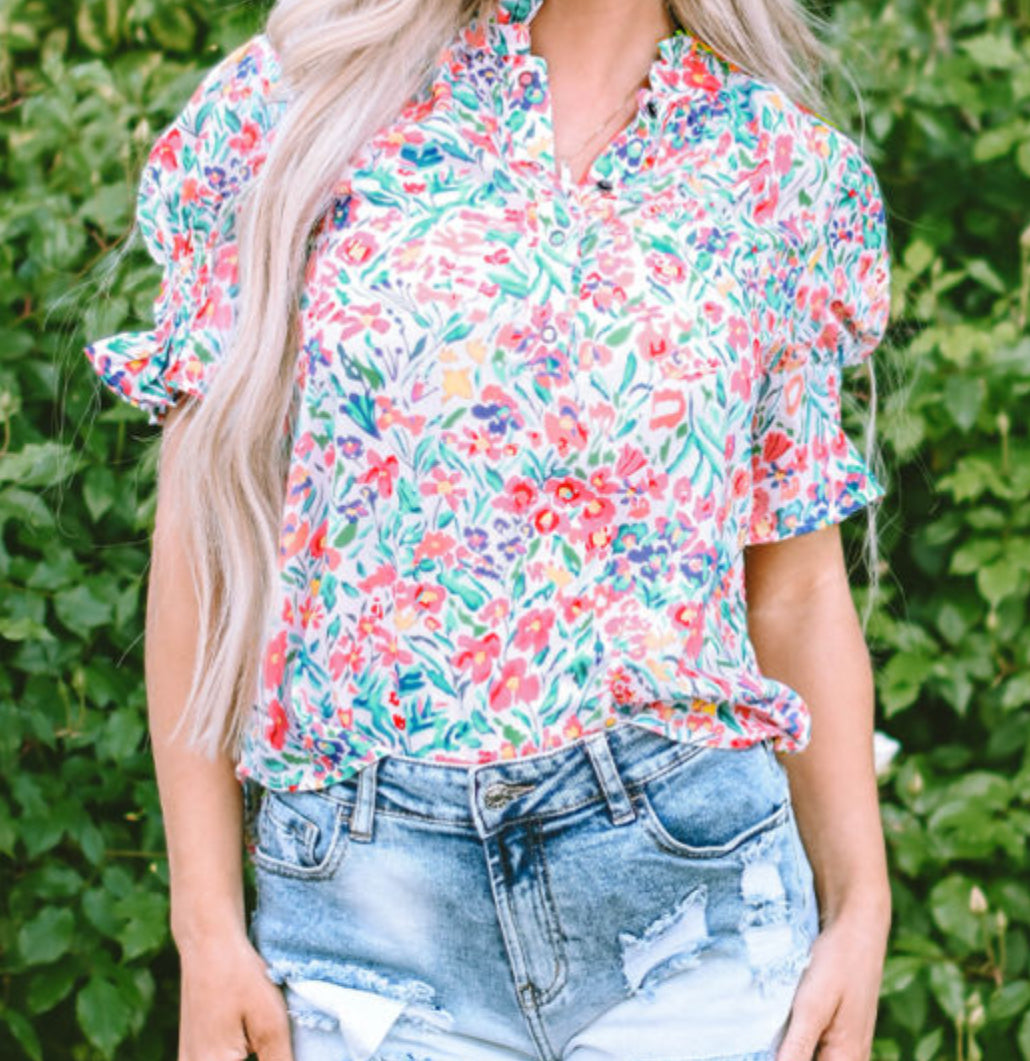 Button Front Floral Blouse
