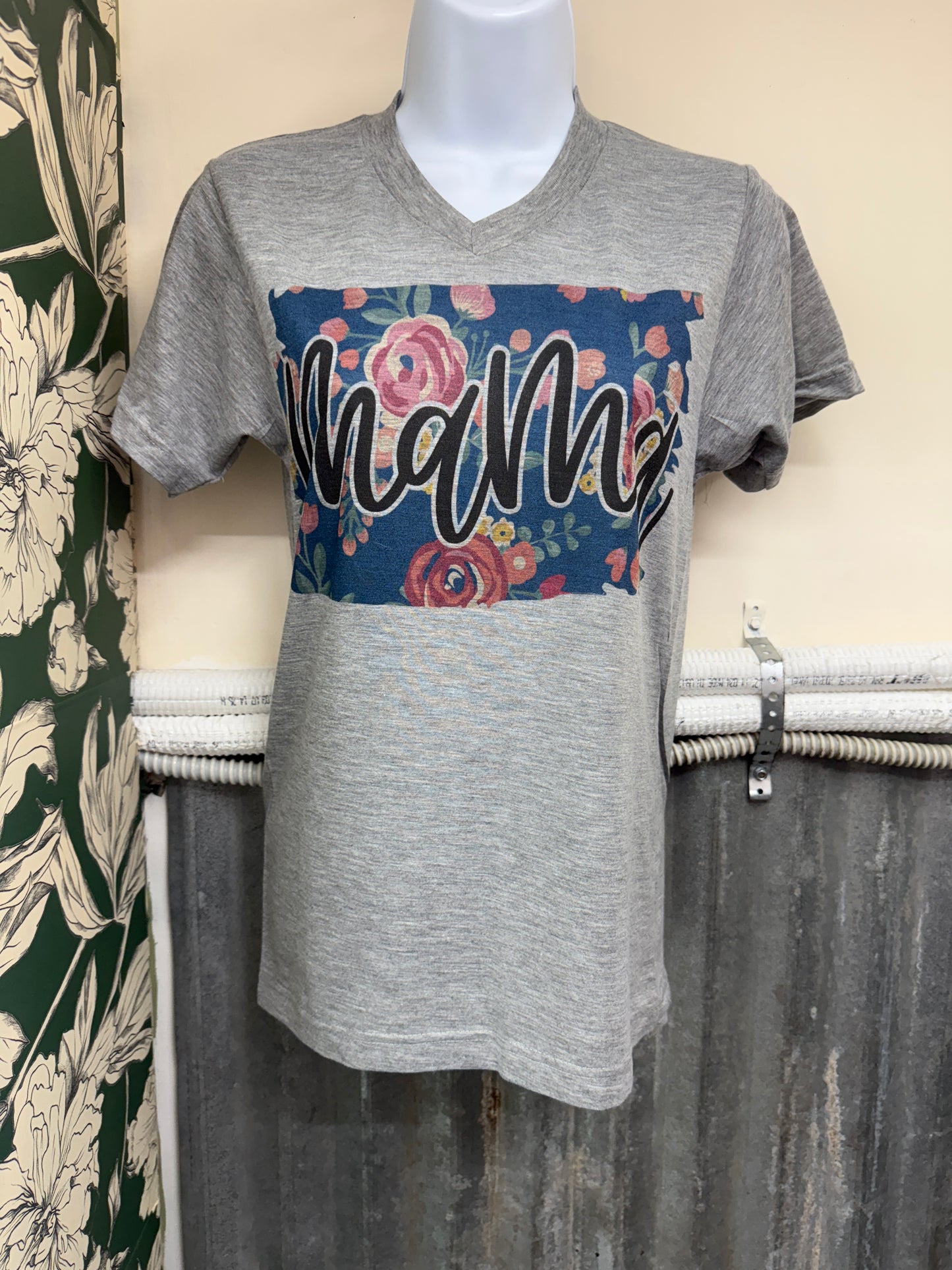Mama Floral Graphic Tee – Women’s Heather Gray V-Neck Mom Shirt