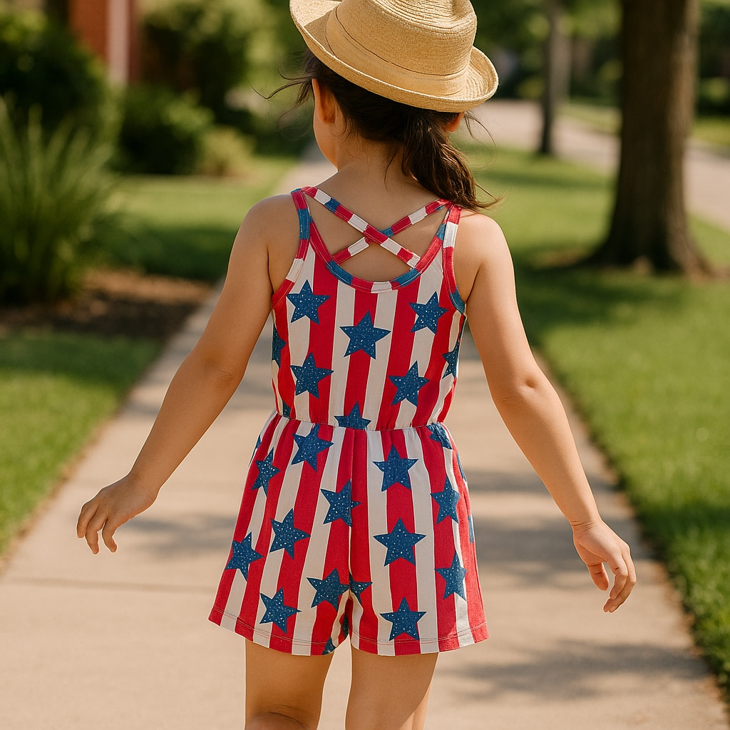 Star-Spangled Stripes Girls Romper โ Sizes 2T to 7