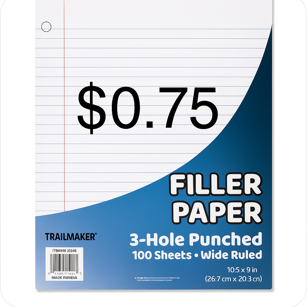 Wide Ruled Filler Paper β 100 Sheets β 3-Hole Punched Notebook Paper β Back to School Supply β $0.75