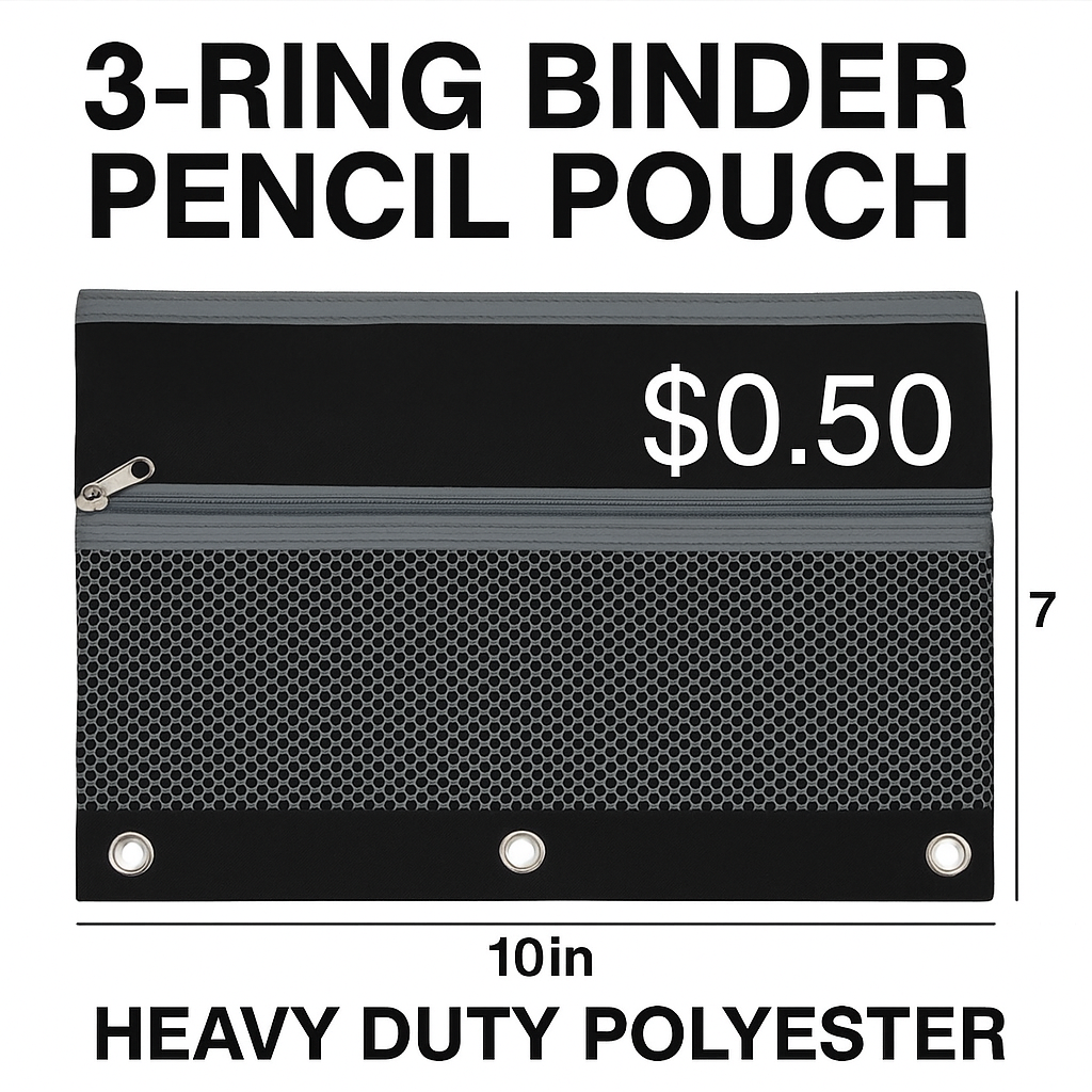 3-Ring Binder Pencil Pouch β 2 Zippered Compartments β Heavy-Duty Polyester β 10"x7" β $0.50 β Assorted Colors