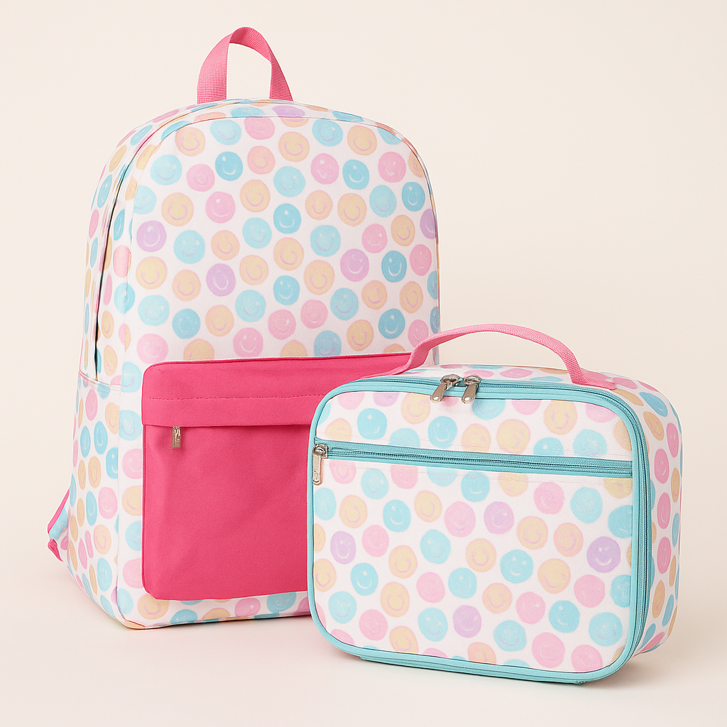 Smiley Face Backpack & Lunchbox Set – Waterproof Canvas + PEVA Lined (2pc) | Rural Momma’s Boutique