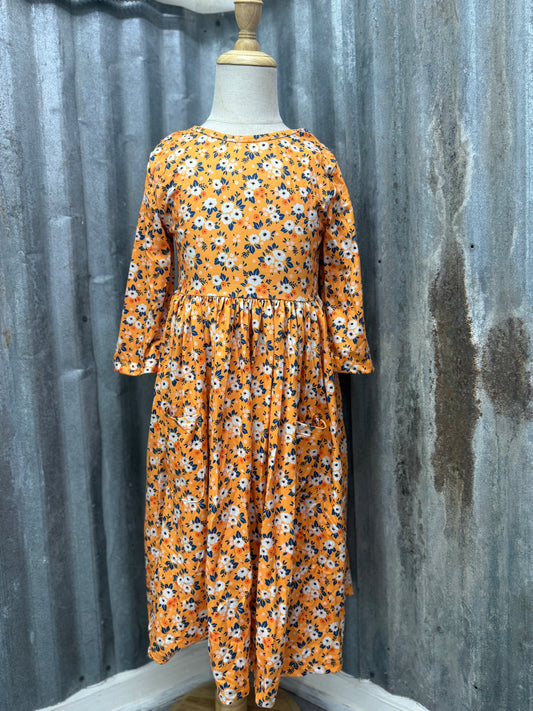 3/4 Sleeve Floral Twirl Dress for Girls – Soft, Stretchy, Wrinkle-Free (2T–7/8)