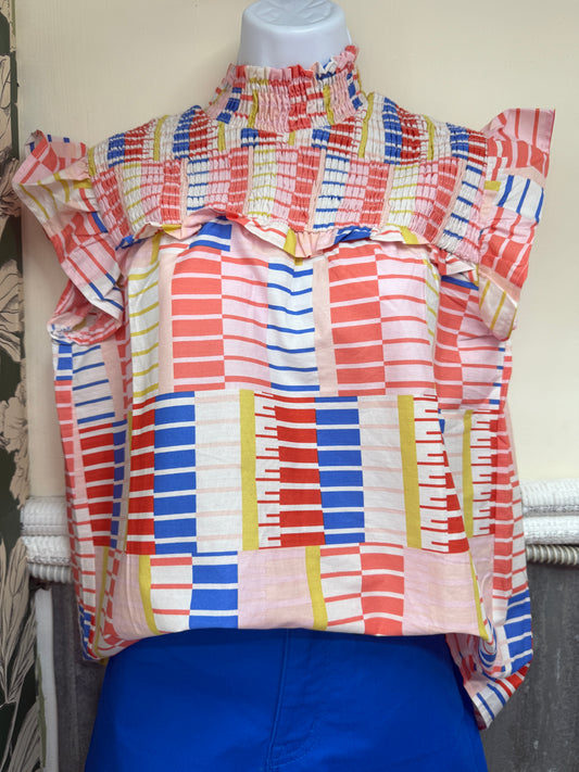 Multicolor Smocked Ruffle Top – Colorblock Boutique Blouse for Women