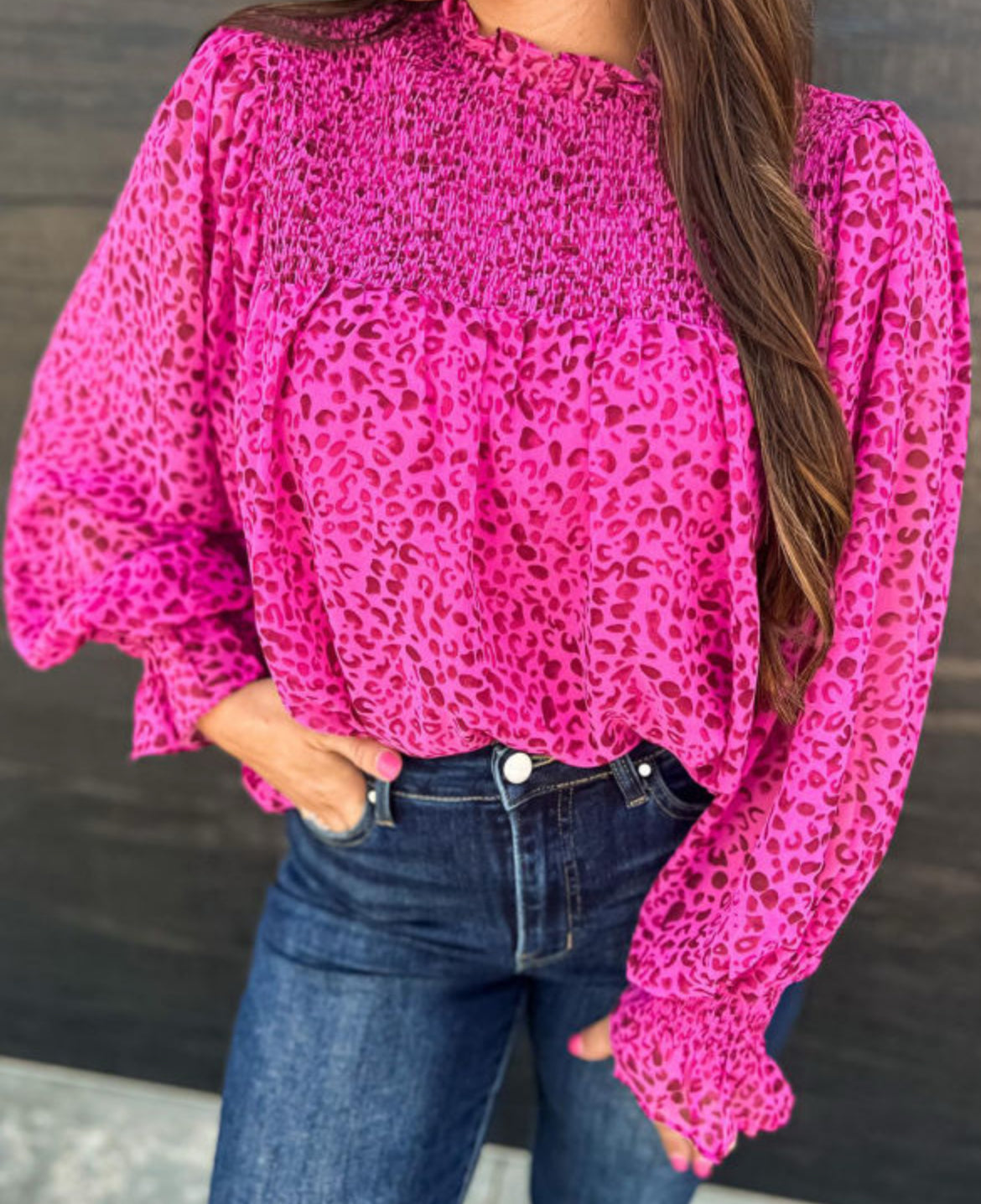 Pink Leopard Long Sleeve Ruffle Blouse