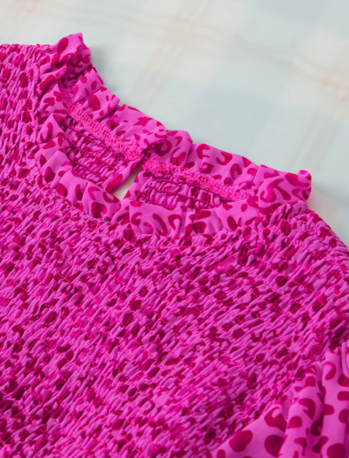 Pink Leopard Long Sleeve Ruffle Blouse