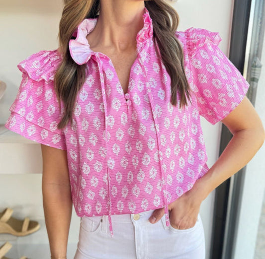 Vintage Pink Ruffle Sleeve Blouse
