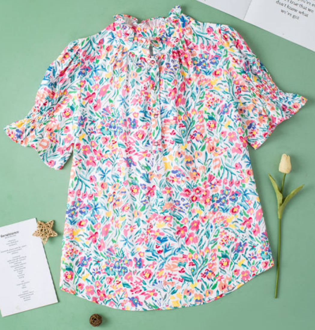 Button Front Floral Blouse