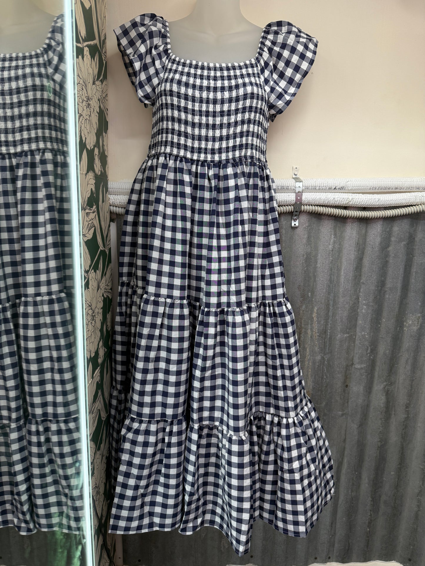 Navy Gingham Tiered Maxi Dress – Smocked Bodice Women’s Boutique Dress
