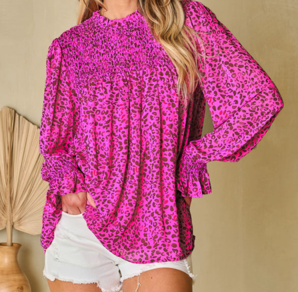 Pink Leopard Long Sleeve Ruffle Blouse