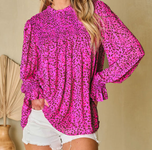 Pink Leopard Long Sleeve Ruffle Blouse