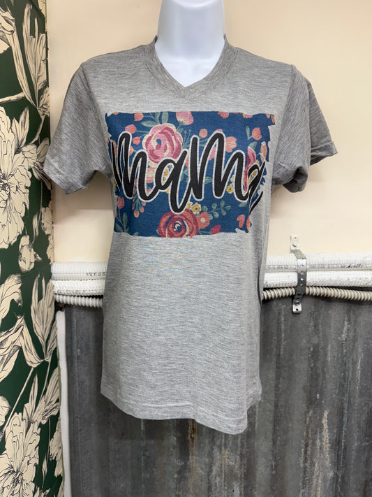 Mama Floral Graphic Tee – Women’s Heather Gray V-Neck Mom Shirt