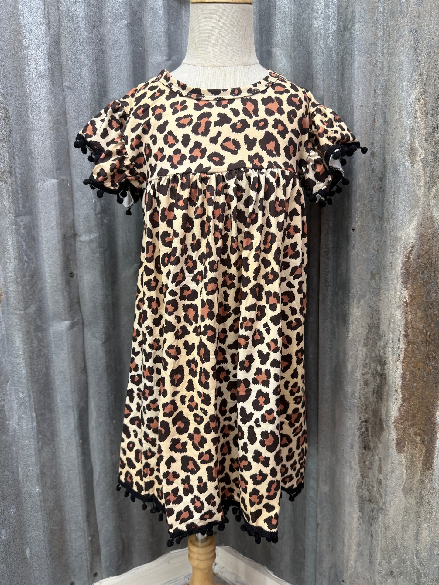 Toddler Leopard Print Pom Pom Dress – Sizes 2T to 4T