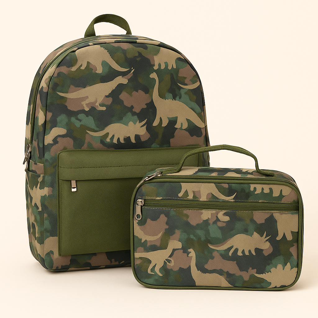 Dinosaur Camo Waterproof Backpack & Lunchbox Set for Kids – School Ready, PEVA-Lined, Durable Canvas