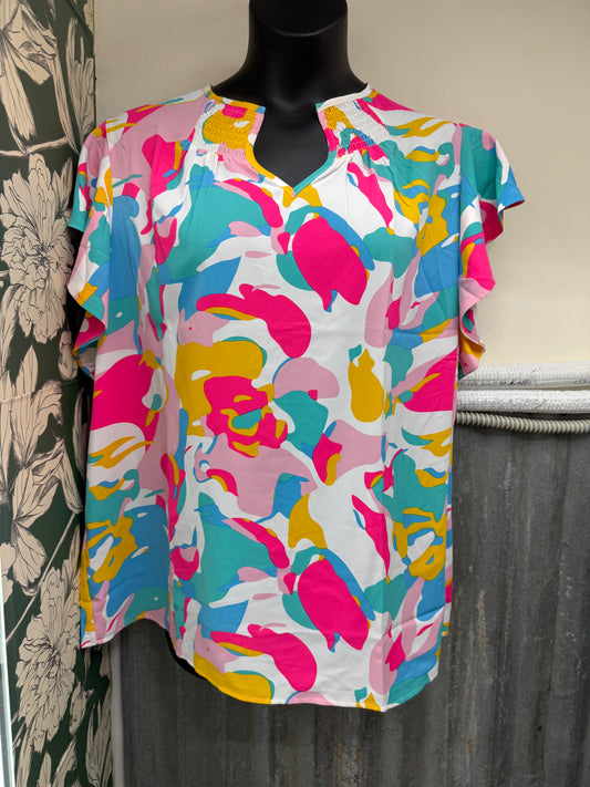 Plus Size Multicolor Abstract Top – Lightweight Flowy Blouse (1XL–3XL)