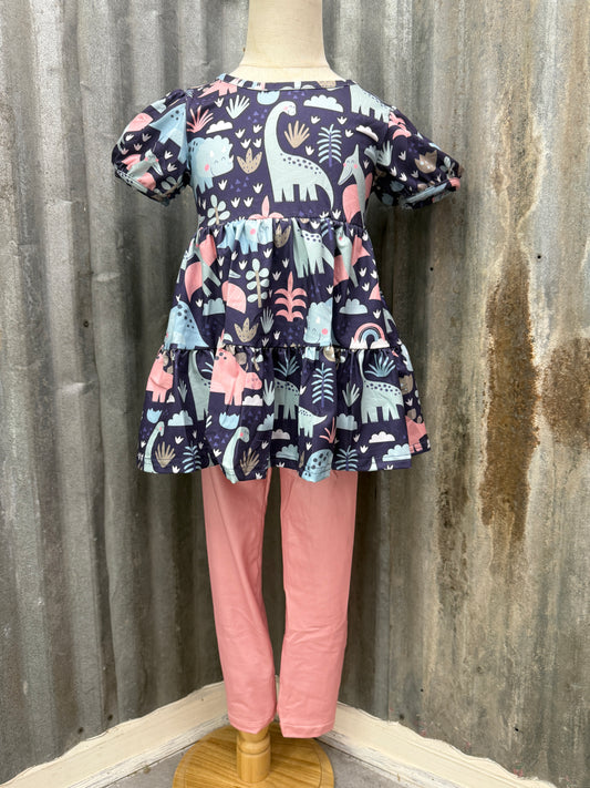 Dino Days Tiered Tunic & Pink Leggings 2-Piece Set – Plush, Stain-Resistant Toddler Outfit (3T-5T)