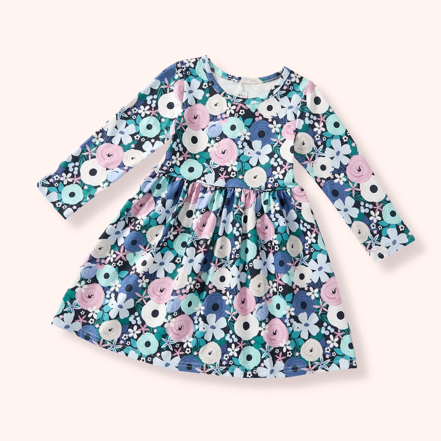 Blue Winter Floral Long Sleeve Twirl Dress – Buttery Soft, Stretchy & Wrinkle Free