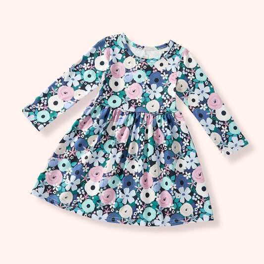 Blue Winter Floral Long Sleeve Twirl Dress – Buttery Soft, Stretchy & Wrinkle Free