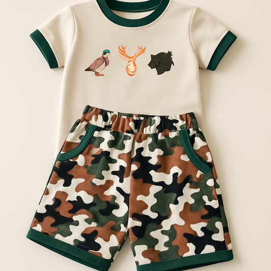 Embroidered Duck, Deer, and Bass Short Set