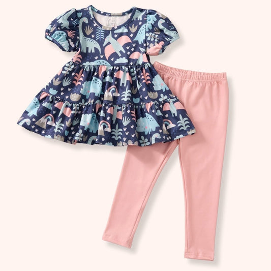 Dino Days Tiered Tunic & Pink Leggings 2-Piece Set – Plush, Stain-Resistant Toddler Outfit (3T-5T)