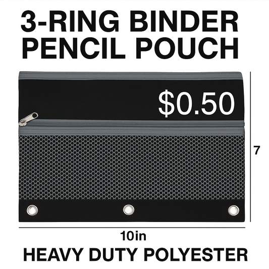 3-Ring Binder Pencil Pouch – 2 Zippered Compartments – Heavy-Duty Polyester – 10"x7" – $0.50 – Assorted Colors